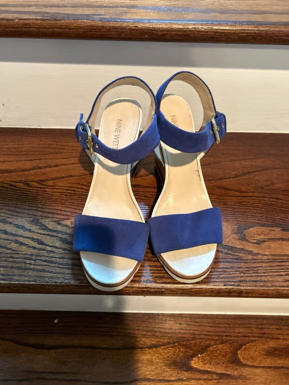 Nine West Royal Blue Suede Ankle Strap Block Heel Sandals